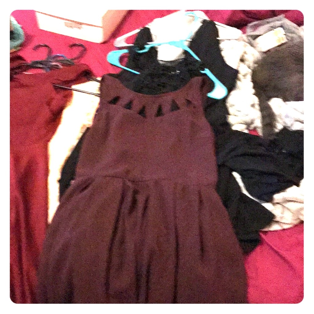 A maroon colored skater mini dress